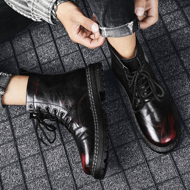 ワークブーツ メンズ マーチンブーツ レースアップ ショートブーツ 黒赤 A N Skinny ワークブーツ メンズ マーチンブーツ レースアップ ショートブーツ 黒赤 A N Skinny