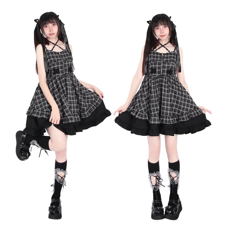 サブカル 服 地雷系 通販 Catwish JSK ZIPアップ チェック柄 ホルターネック フリル 闇かわいい ソフトロリータ JK量産型