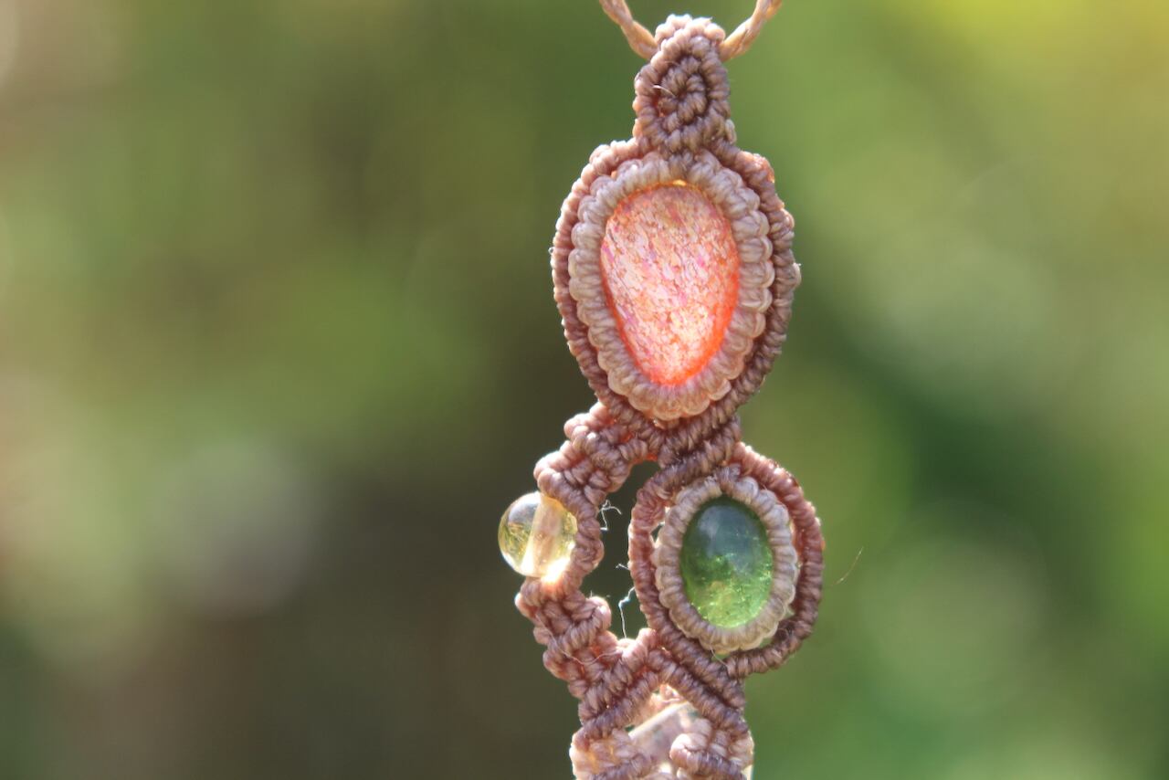 Healing crystal & Sunstone & Chrome Tourmaline micro macrame pendant