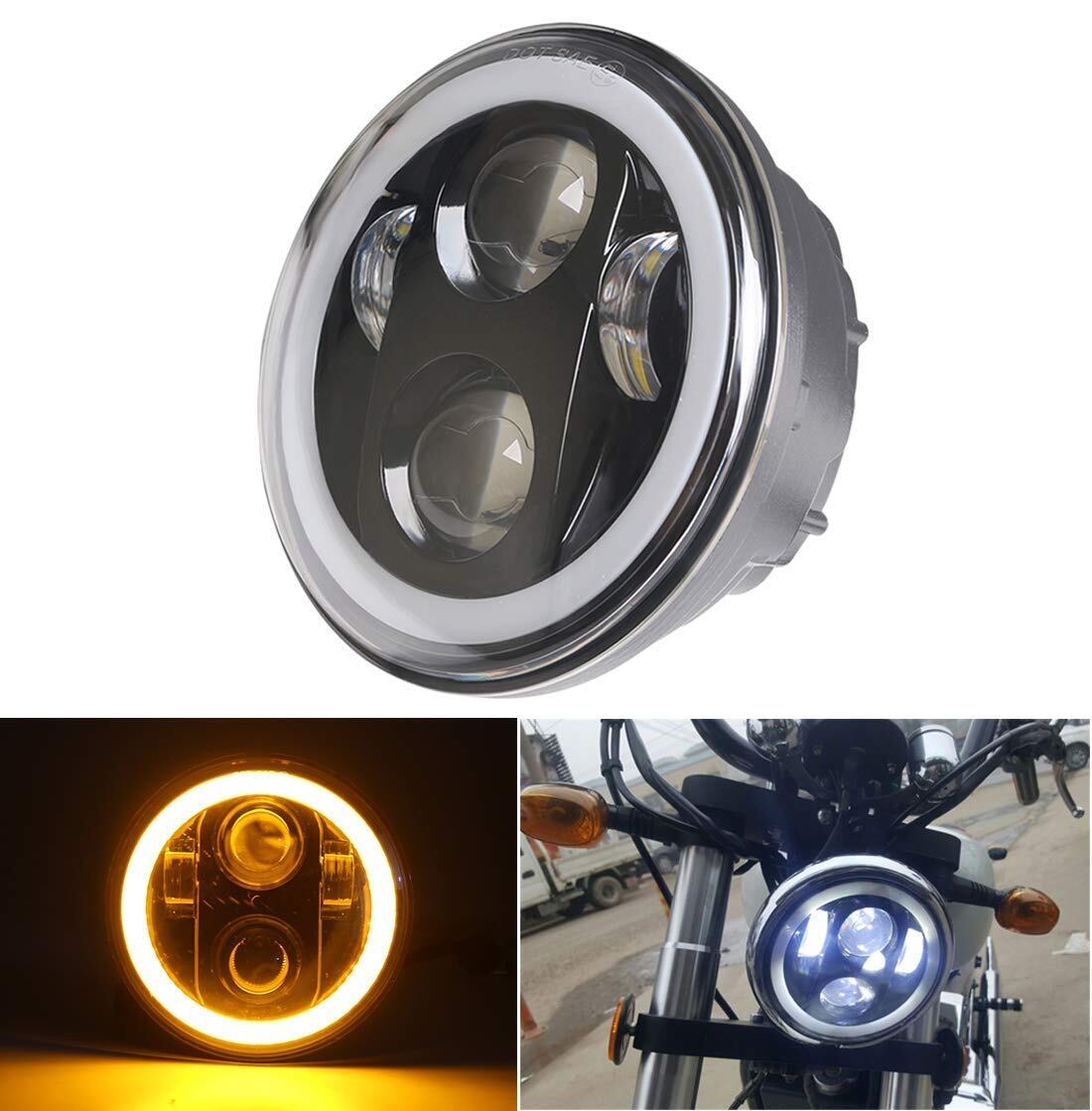 5.75インチ LED ヘッドライト イカリング付き DRLとウィンカー機能 Hi/Lo切り替え ハーレーダイナ 883 純正交換 ブラック スポーツスター