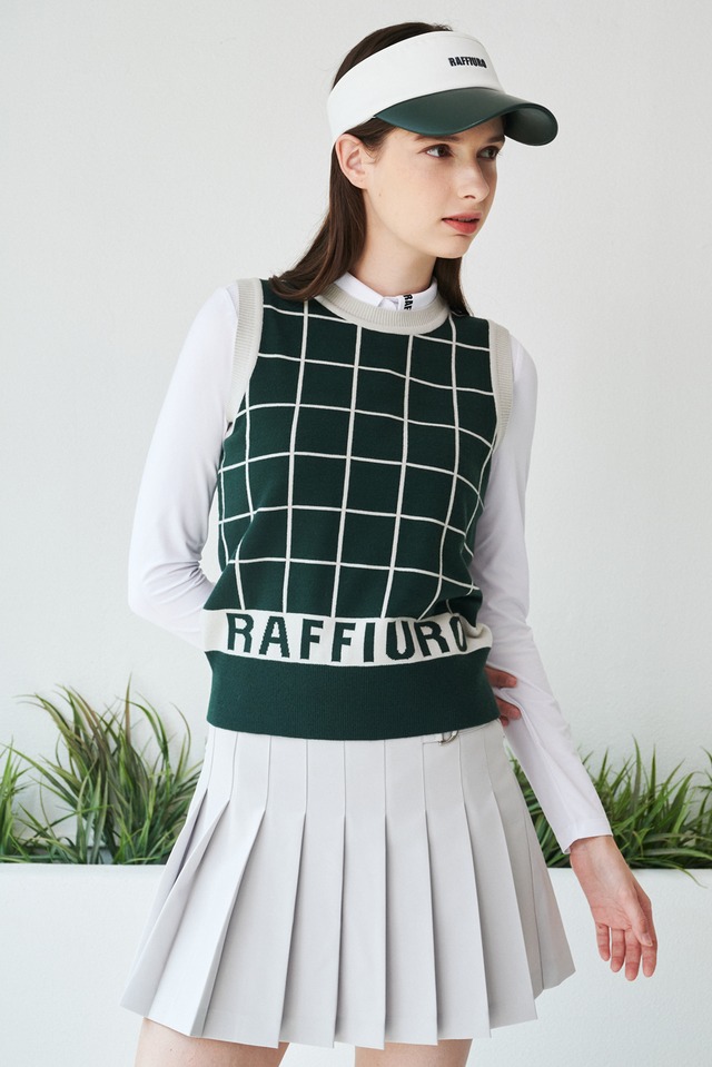 SET) Square Knit (Green)+ Inner + Leather Skirt(Light Gray)