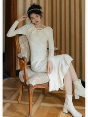 【0109】Ruffle Collar Rib Knit Long Sleeve Dress