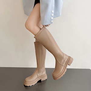 厚底 ロングブーツ レディース 秋冬 韓国 PUレザー ブーツ きれいめ 大人 かわいい 通勤 おしゃれ シンプル バックファスナー 太ヒール 履きやすい 大人可愛い 大人女子