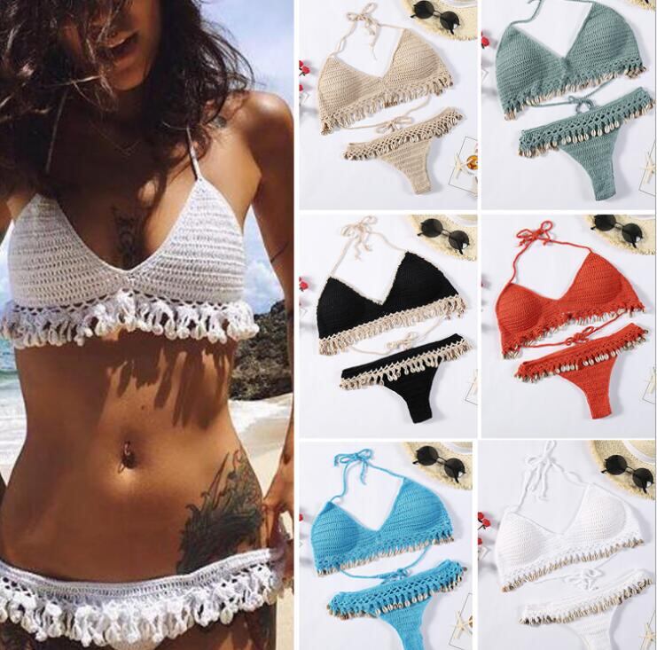 2点セットニットビキニ パッド有り ウエスト伸縮性有り ニット水着 三角水着