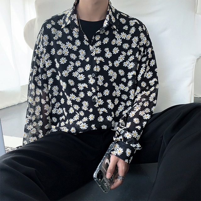 カジュアル メンズ シャツ 花柄 デイジー レトロ トラッド サマーシャツ 長袖 ゆったり アメカジ モテ服 きれいめ オルチャン 10代 代 Dressyなモード系 ゴシック専門店 Ladies Fashion Seasonz