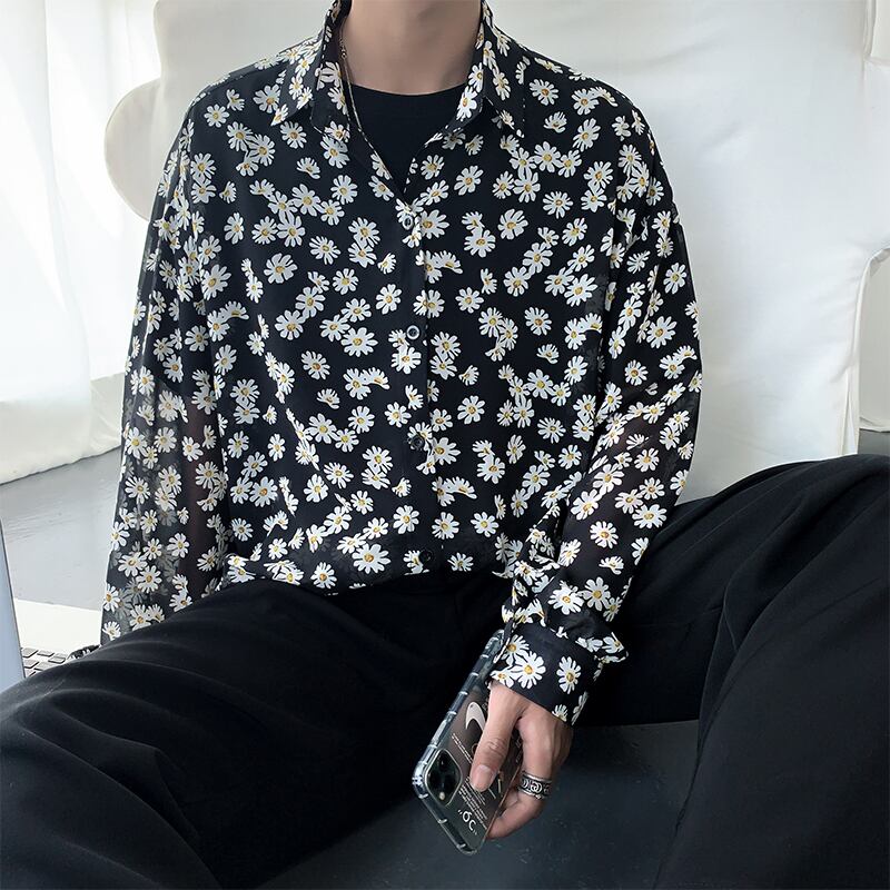 カジュアル メンズ シャツ 花柄 デイジー レトロ トラッド サマーシャツ 長袖 ゆったり アメカジ モテ服 きれいめ オルチャン 10代 代 Dressyなモード系 ゴシック専門店 Ladies Fashion Seasonz
