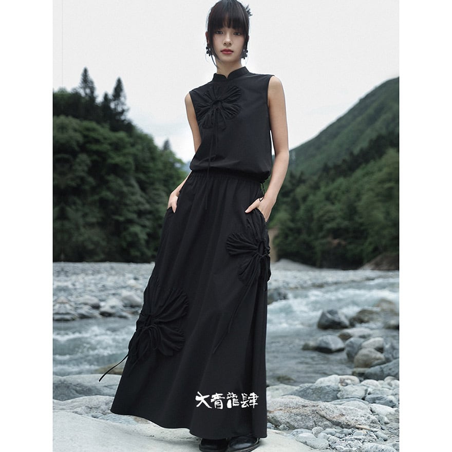 中華ゴシック スカート ブラック 花柄 ゆったり ウエストゴム 大青龍肆 夏服 20代 30代ファッション