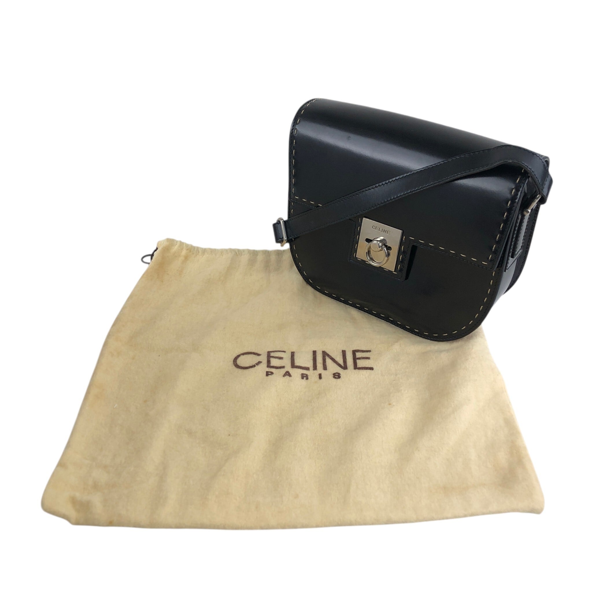 CÉLINE ブラック レザー ショルダーバッグ CELINE セリーヌ ショルダーバッグ ブラック シルバー ガンチーニ