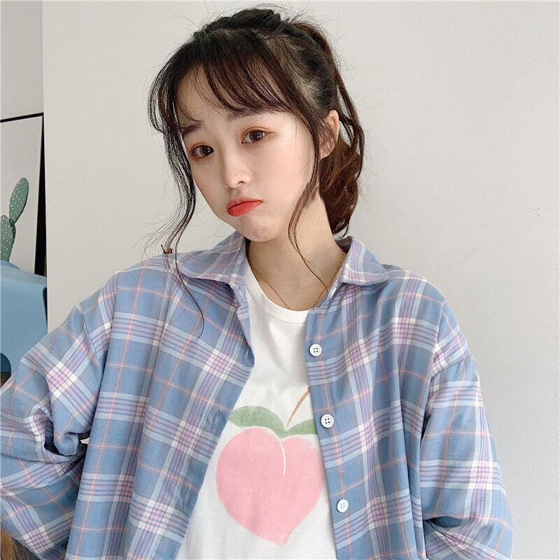 スプリングオータム格子柄ルーズシャツ レディース ロング 春物 秋物 萌量不足4295757829