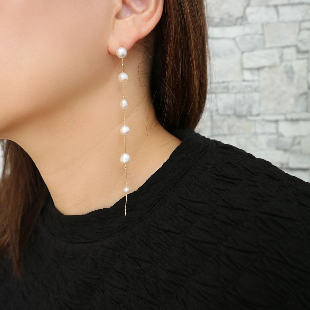 14kgf] 6連バロック淡水パールロングピアス | chiharu