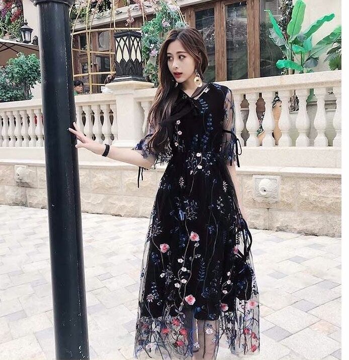 送料無料 花柄刺繍ワンピース シースルー ロング丈 レース 刺繍 長袖 半袖 Vネック リボンチョーカー付き Op 054nm ワンピースコーデのお店 Flower Silhouette