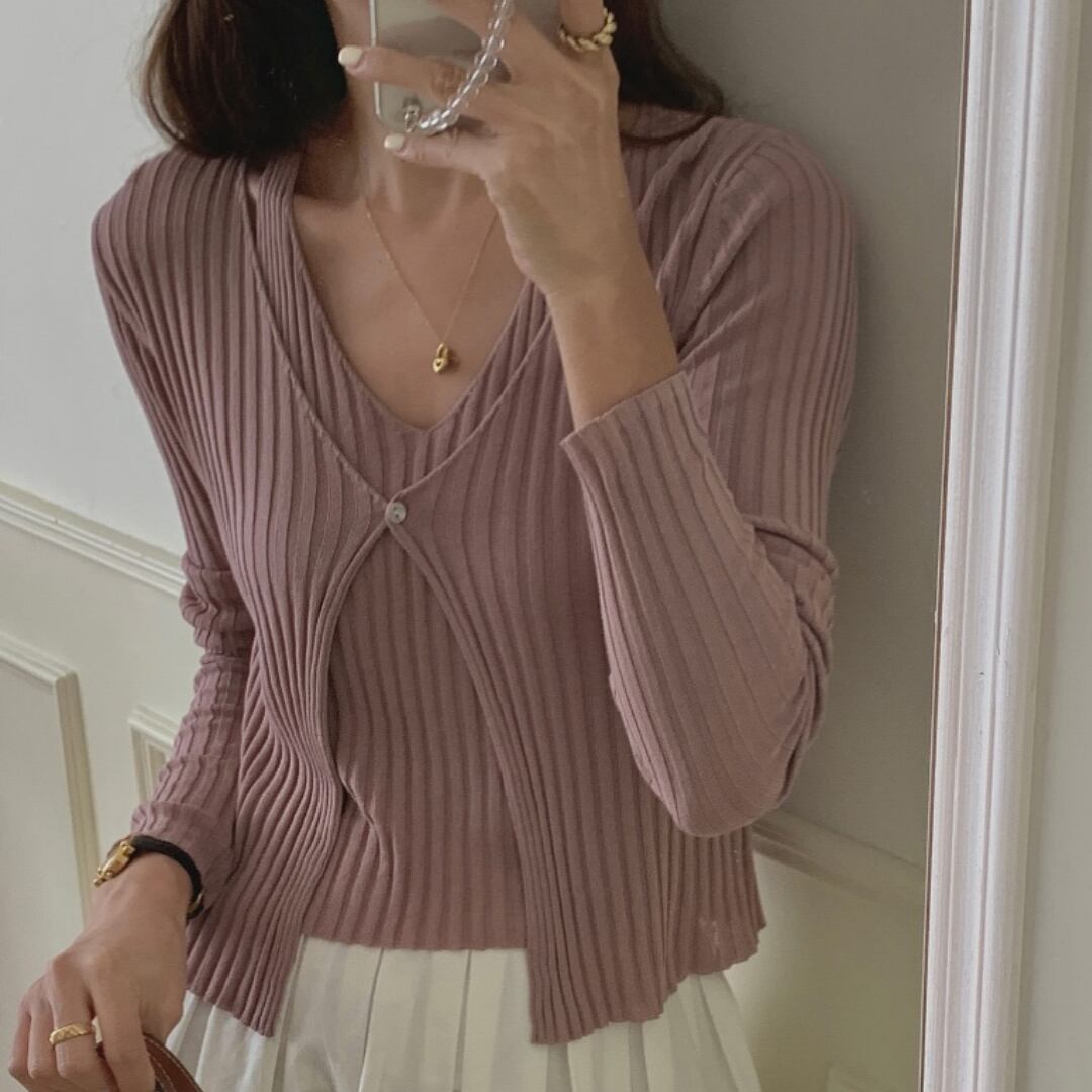 リブデザイン カーディガン風フェイクツーピースニット 00568