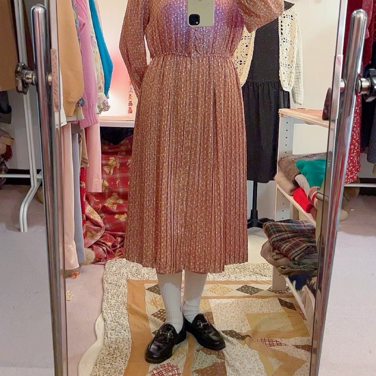 orange mini flower pleats one-piece