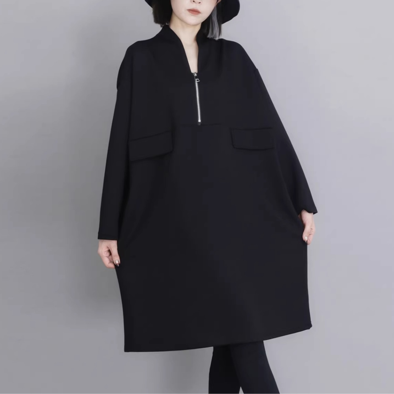 Black Minimal Style Midi Dress, Loose Fit Zip-Up Casual Dress (ME278)