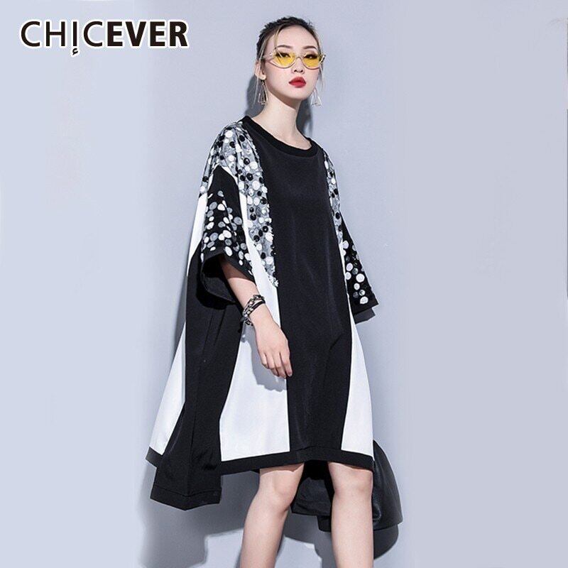CHICEVER春パッチワークスパンコールレディースドレスOネック半袖ルーズスリム不規則な裾膝丈ドレス2020タイド ショート ハーフスリーブ スプリング 春物 6base518783214327