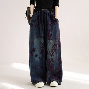 FLORAL EMBROIDERY ELASTIC WAIST WIDE LEG PANTS M-18569
