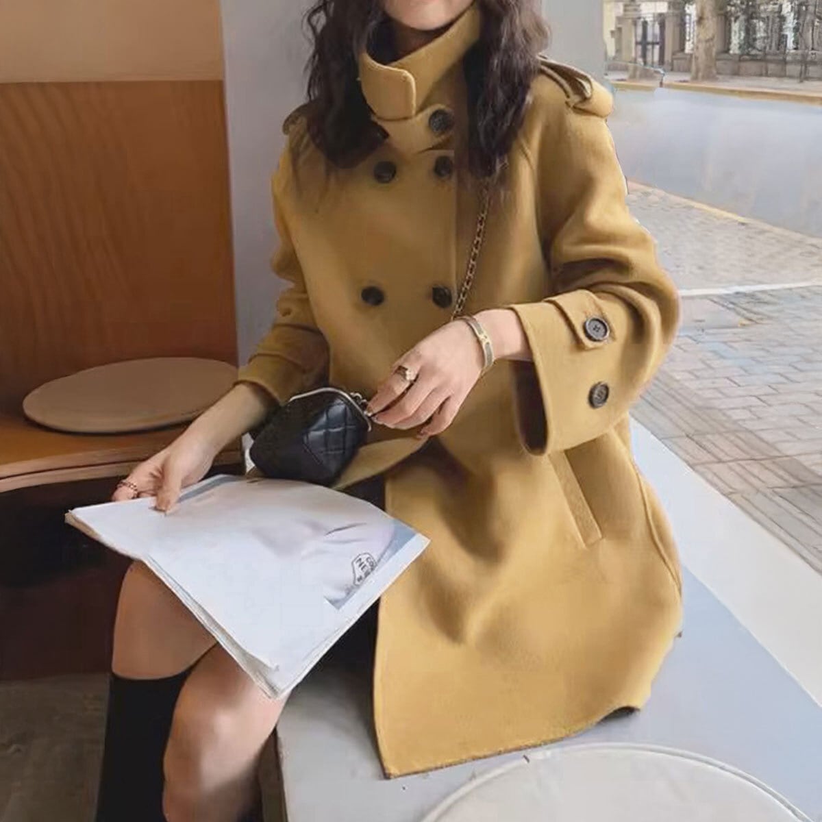 トレンチコート アウター ダブルブレスト レディース 春秋 韓国 ミドル コート 通勤 ビジネス OL オフィス カジュアル きれいめ 大人 おしゃれ スタンドカラー Aライン 体型カバー 大人可愛い 大人女子