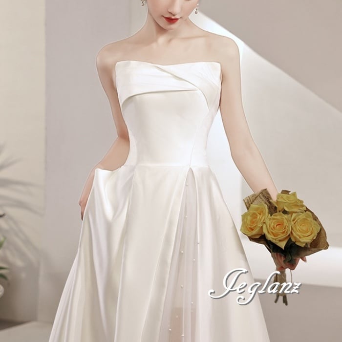 ウエディング ドレス ベアトップ 切替 チュール 水玉 パール付き 背中 編み上げ(M4464)★ ο