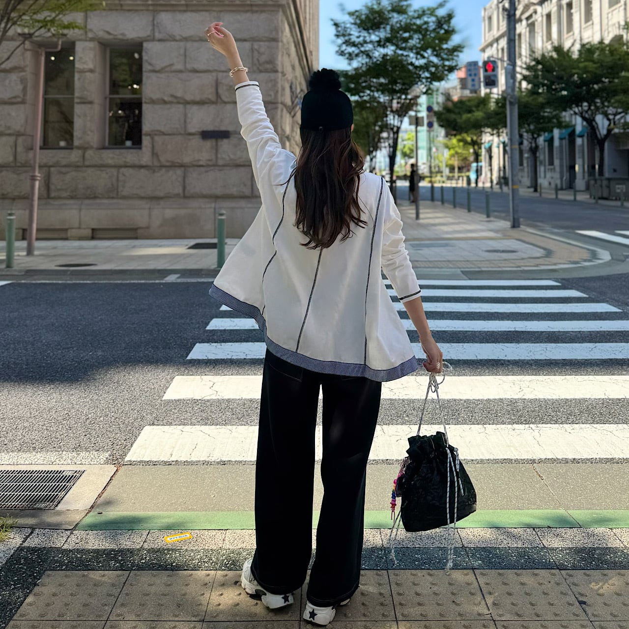 ⭐️LINKABLE フレアタグロングスリーブTシャツ　ボーダー　フレアー黒/白 ギンガムフレアタグロングスリーブTシャツ（オフ） | LINKABLE
