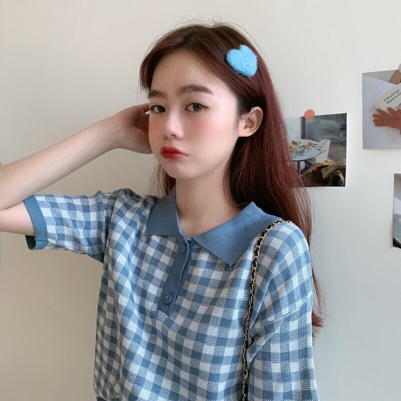 ショートセーターレディース2020年夏の新しいレトロポロシャツワイルドルーズチェック柄半袖トップス YY-ファッション8265946231