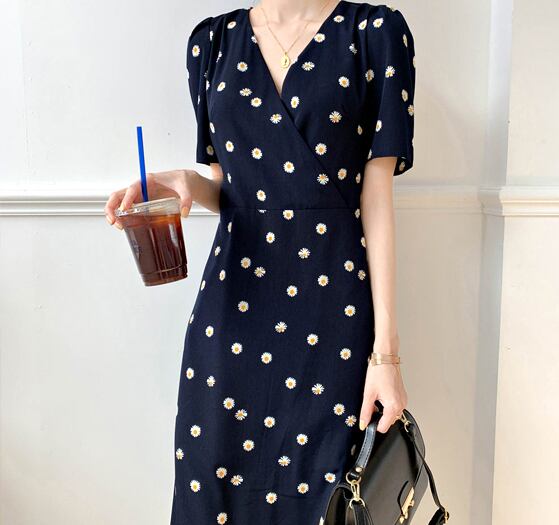 ワンピース レディース 韓国 花柄 ひざ丈 ロング オルチャン フェミニン 夏 代 30代 40代 Tb 675 毒いちご 韓国ファッション