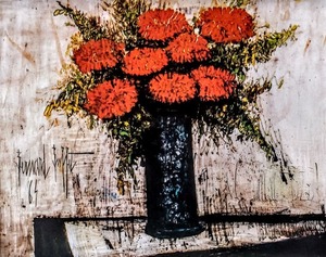 ベルナール・ビュッフェ「Red Flowers」  複製画の額装品  額縁外寸 47.5x39.5x2.0㎝ 内寸　42.4x34.8cm（四ツ）    絵  26.5x21.5㎝  [m-683]
