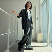 ダブルウエストスラックスPT/チャコール