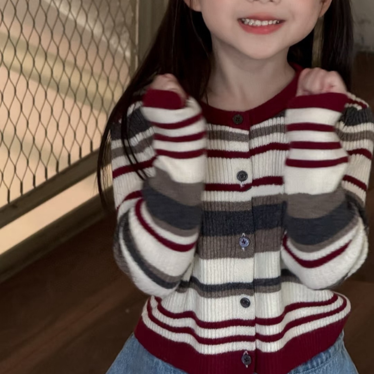 秋韓国風ボーダーカーディガン