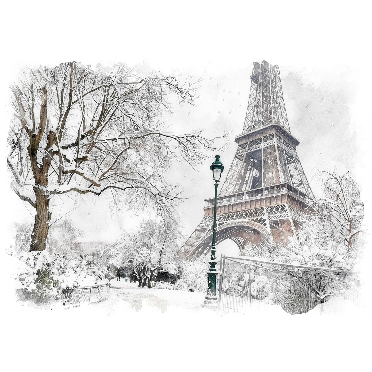 絵画 風景画(街並み) 冬 雪のフランス パリ エッフェル塔 インテリア