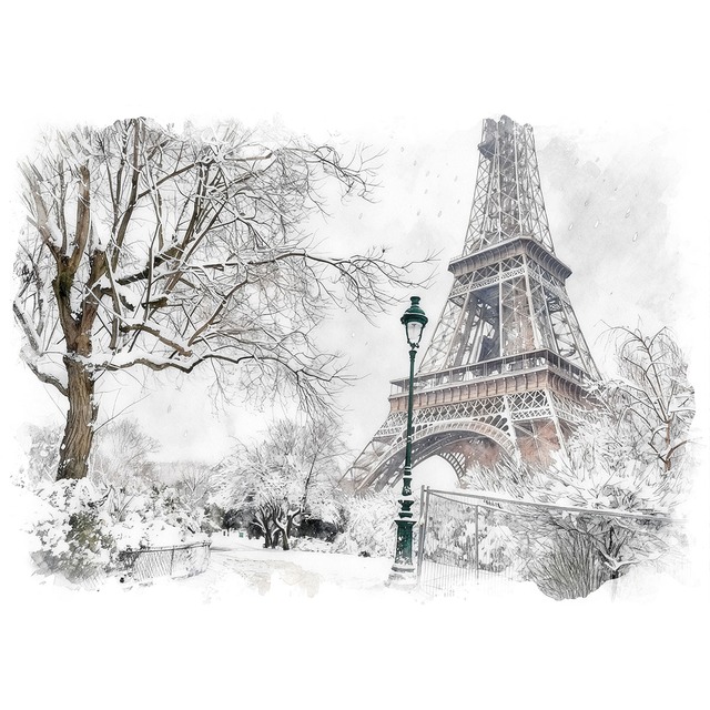 絵画 風景画(街並み) 冬 雪のフランス パリ エッフェル塔 インテリアアート額付き 水彩画・油絵調 WAT0562
