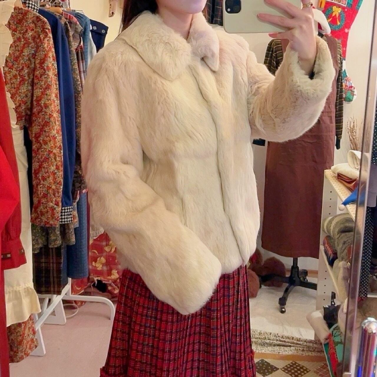 cream rabbit fur coat