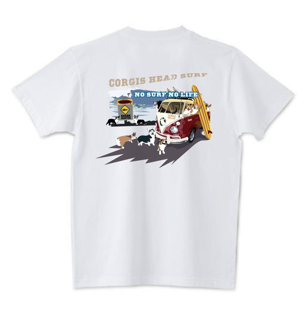 デザインNO.212 : 5.6oz サーフシリーズ WARNNING サーフバスとコーギー NO SURF NO LIFE