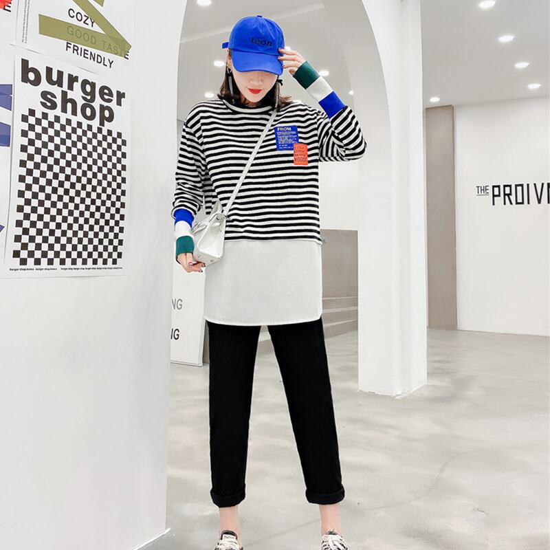 ラウンドネックストライプシャツ スプリングオータムスタイルTシャツ ロング 大きめサイズ 春物 秋物 Oネック ミックスインファッション8991092248