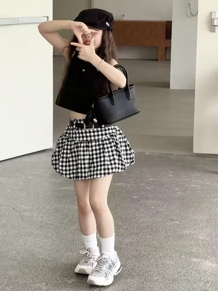 ベルト付チェックバルーンミニスカート