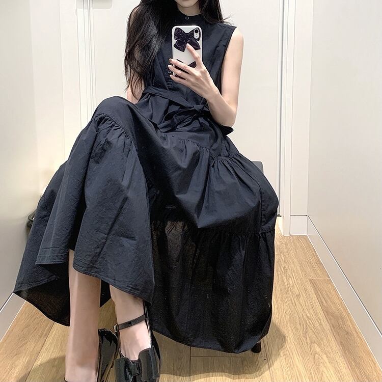 ワンピース レディース ロングワンピース ティアードワンピース ノースリーブ ハイウエスト ウエストリボン ベルト ボタン かわいい Aライン 大人可愛い きれいめ シンプル 上品 エレガント 清楚 フェミニン おしゃれ お洒落 綺麗 お嬢様 おとな ナチュラル こなれ感 ラブリー キュート ガーリー ロマンチック 抜け感 主役級 存在感 無地 学生 通学 デート お出かけ 女子会 休日 旅行 リゾート S M 黒 ブラック 夏 10代 20代 30代 韓国 韓国系 着回し 普段使い モテ 送料無料