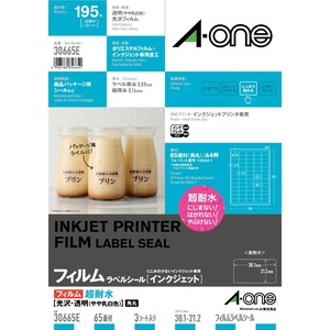 【新着特価】エーワン ラベルシール インクジェット 超耐水 光沢フィルム 透明 65面 3シート 30665E