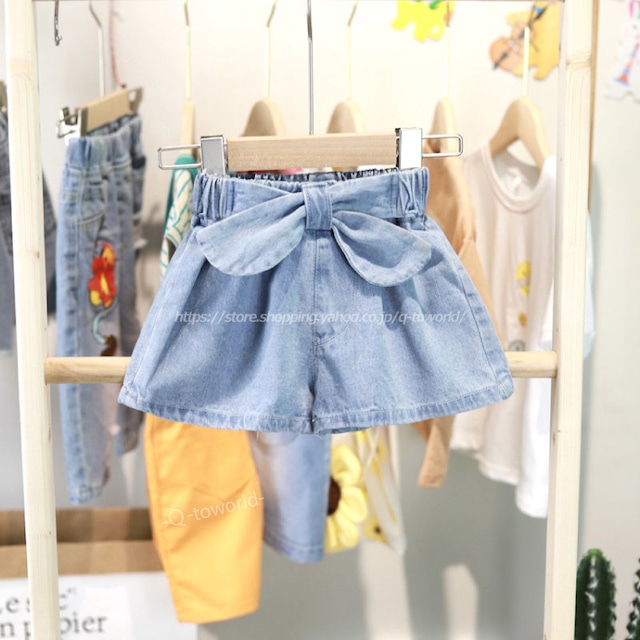 【90㎝-130㎝】パンツ　ショートパンツ　リボン　デニムスカートパンツ　韓国版　可愛い　女の子　子供服　女の子