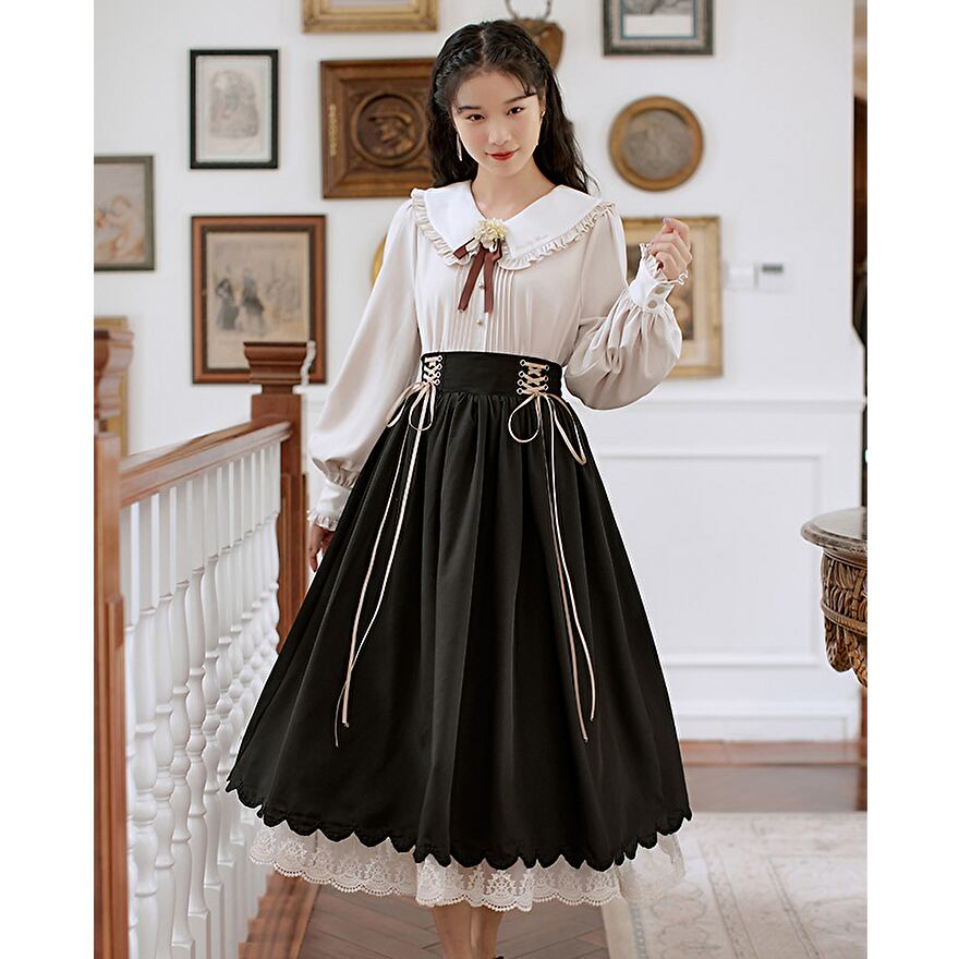 ゴスロリ通販 With U ツーピース 長袖ブラウス レースアップ ロング