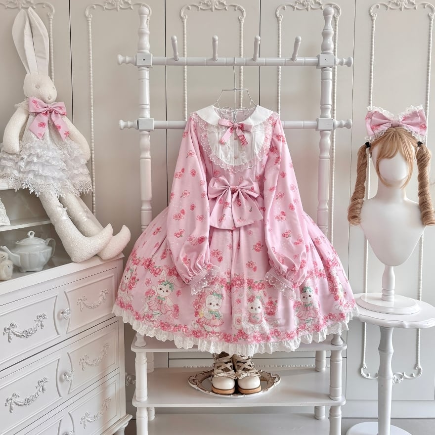 ロリータファッション 甘ロリワンピース ゆめかわいい桜ピンクのうさぎ