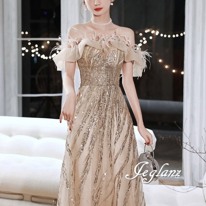 パーティイブニング フェザードレス オフショル ファンシー 光沢感(M8638)ζ