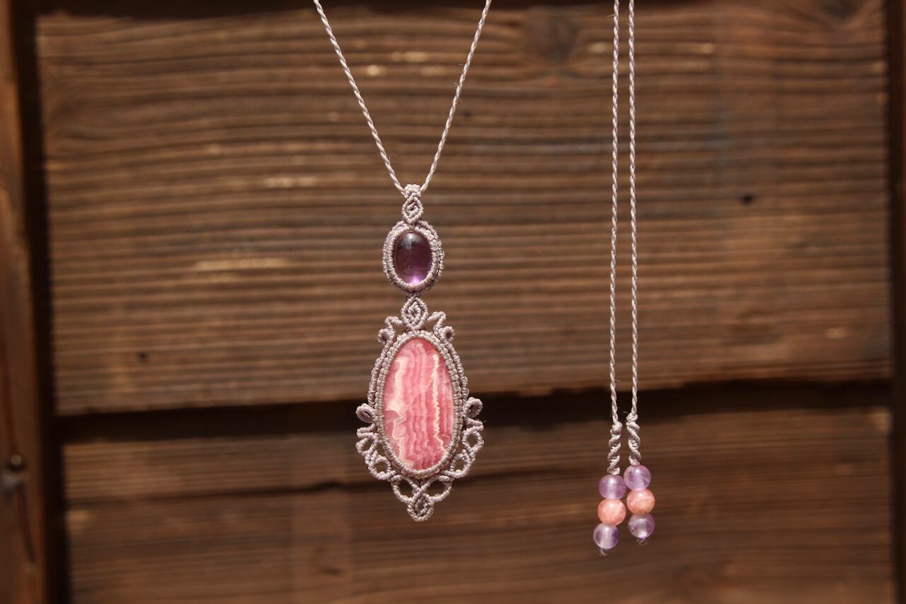 Rhodochrosite & Amethyst micro macrame pendant
