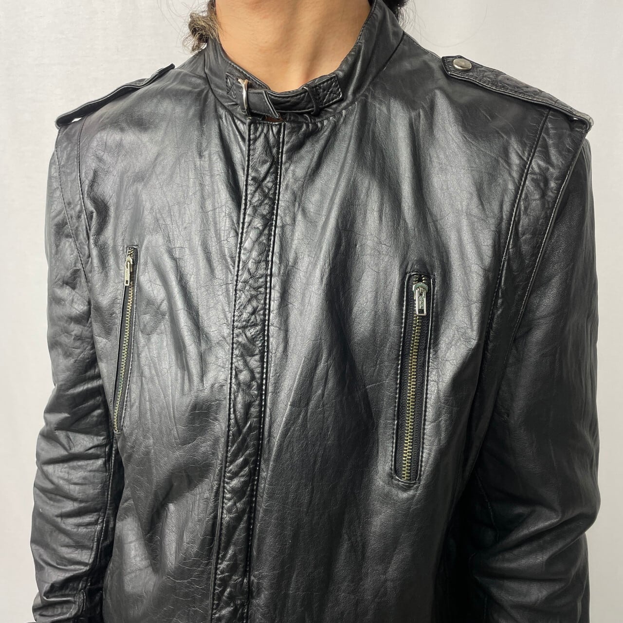 80年代〜 デザイン レザー シングルライダースジャケット メンズM-L 