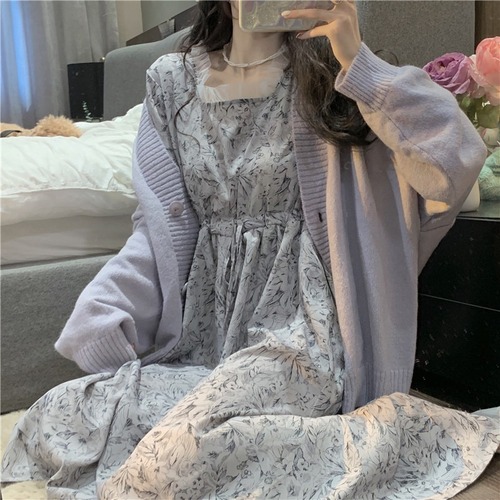 レースドレス スタンダードスタイルオータムフローラルスカート ロング レトロ 秋物 花柄 スクウェア 萌量不足18696171713