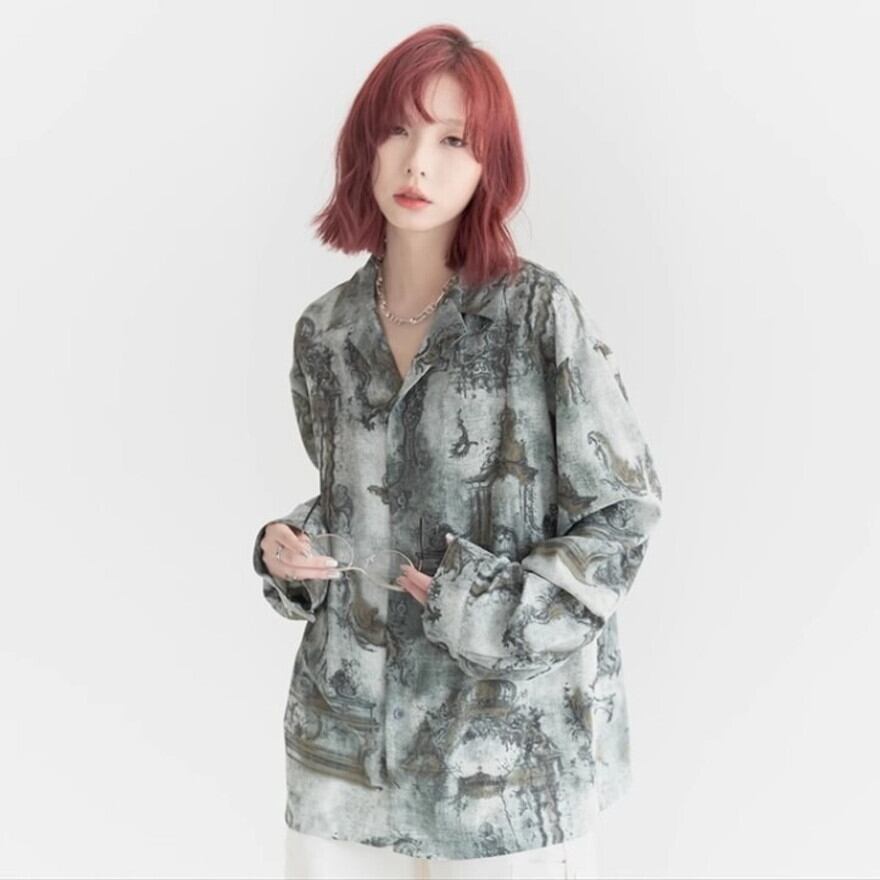 サブカル 服 地雷系 通販 アメカジ 油絵風 長袖シャツ ネクタイ付き ヴィンテージ風