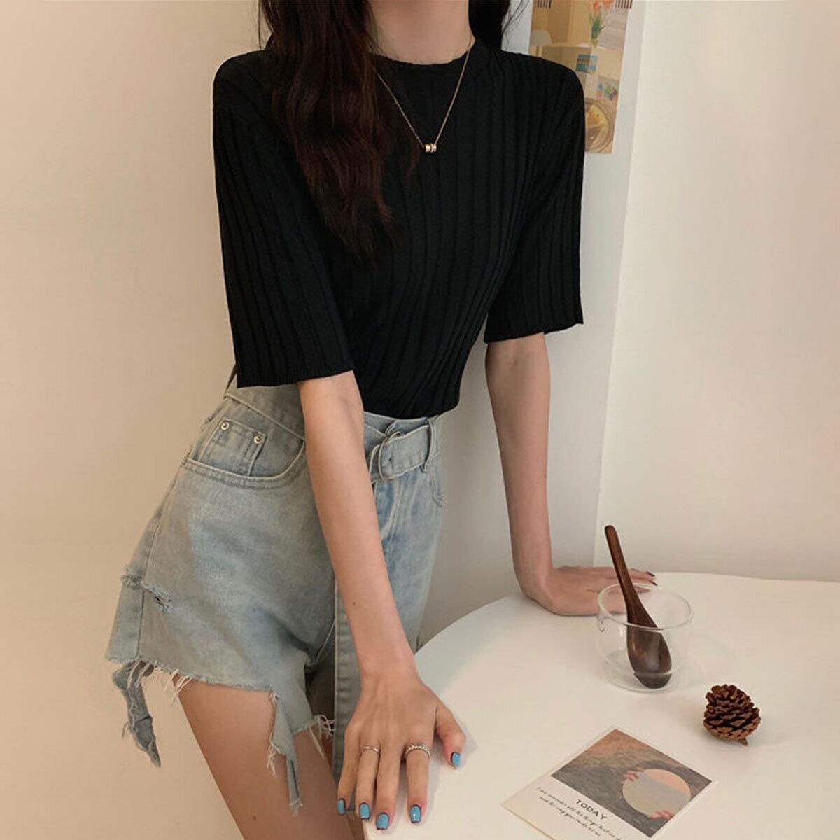 ニット 半袖 トップス レディース 春夏 韓国 きれいめ シンプル 大人 カジュアル リブニット 着回し サマーニット 薄手 オフィスカジュアル 通勤 ビジネス 大人可愛い 大人女子