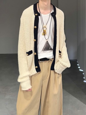crochet metal button loose cardigan / beige × gold button