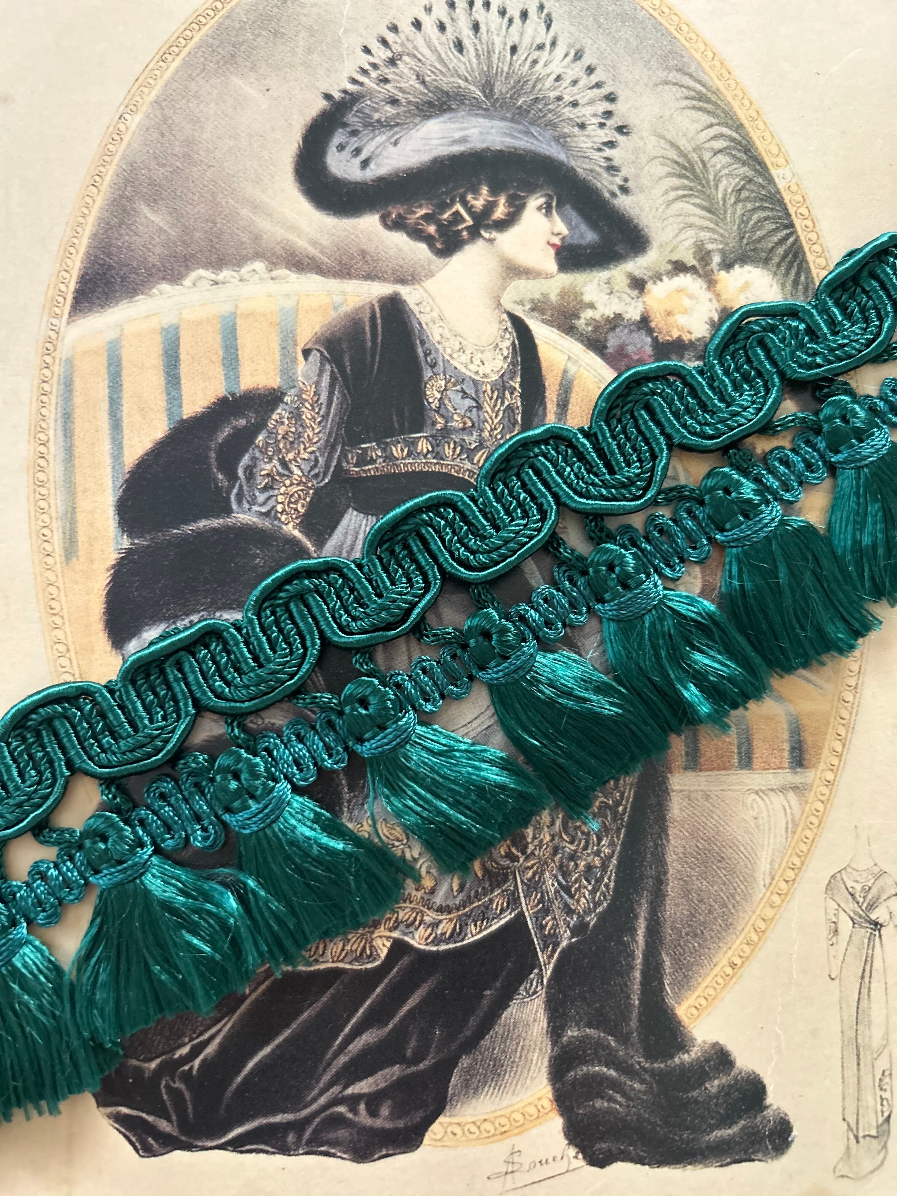 フランスVintage タッセルブレード グリーン 45mm カットブレード 47cm カルトナージュ デコレーション材 ヴィンテージトリム