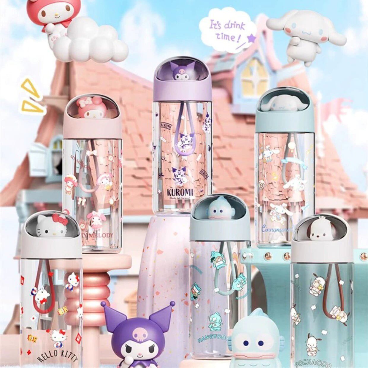 軽量で割れにくく!【500ml/トライタン素材】♥3D立体ステッカー+クリーニングブラシ+可愛いステッカー付き メロディ・クロミ・クラウンフィッシュ・シナモロール・ポチャッコ風 ボトル