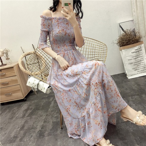 甘め レディース ファッション ワンピース ふんわり フェミニンワンピース 可愛い Cute シフォンドレス オフショルダー ワンピース フリル袖 袖コンシャス 花柄 胸元 ギャザー ロング丈 体型カバー ハイウエスト 脚長効果 スタイルアップ 楽ちん おしゃれ デート服 2020 春 夏 秋