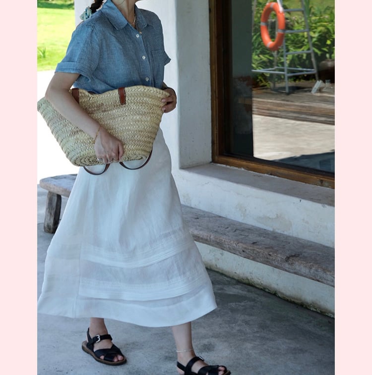 麻素材ビクトリアンドレープ白ラミースカートS-221801